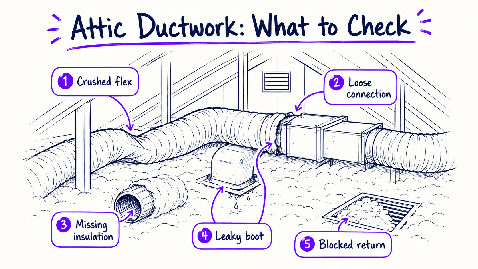 Whiteboard-style attic ductwork illustration highlighting crushed flex duct, loose connection, missing insulation, leaky boot, and blocked return.