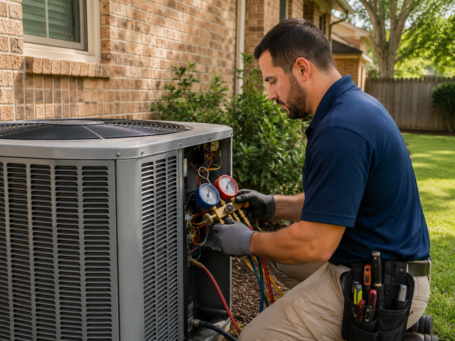 HVAC technician checking an outdoor air conditioner
