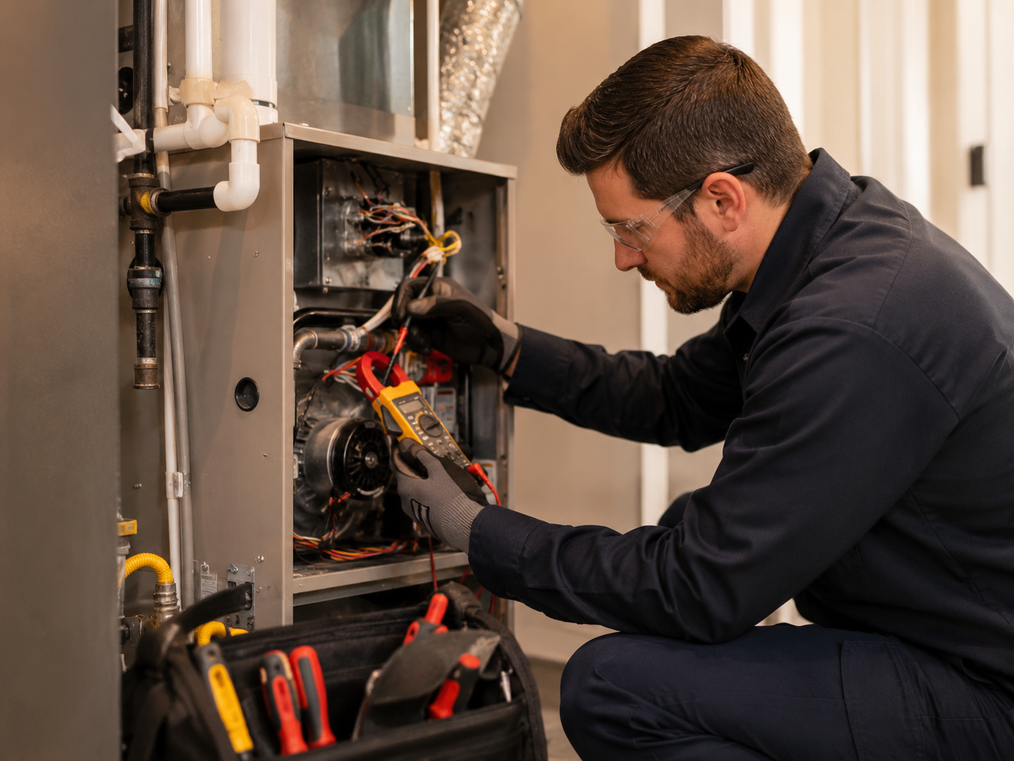 Technician testing a furnace during heating repair