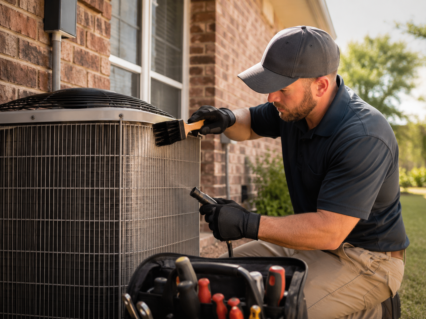 Technician cleaning an outdoor condenser during maintenance